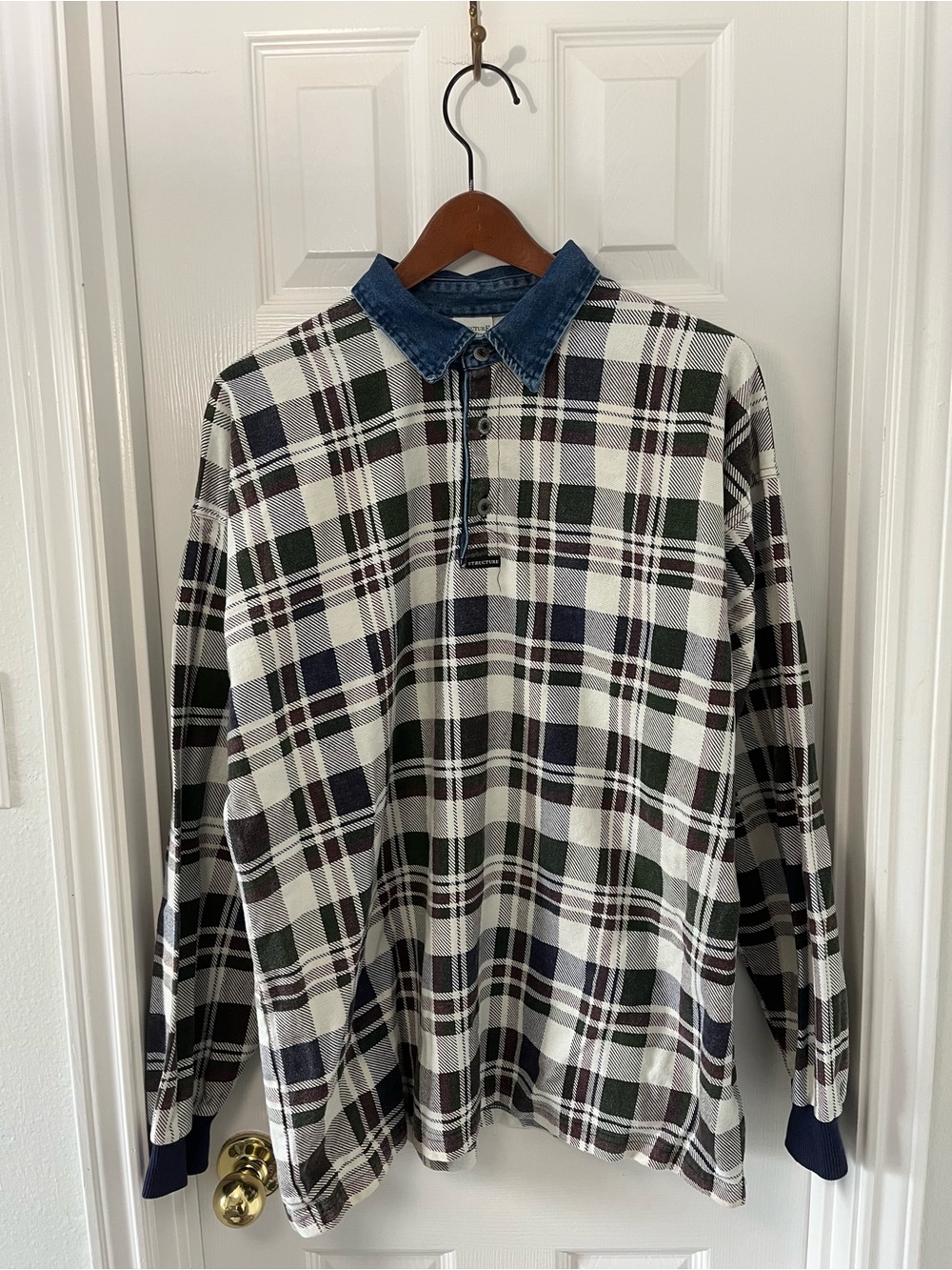 Vintage 90’s Structure active wear preppy style flannel plaid ruby polo shirt